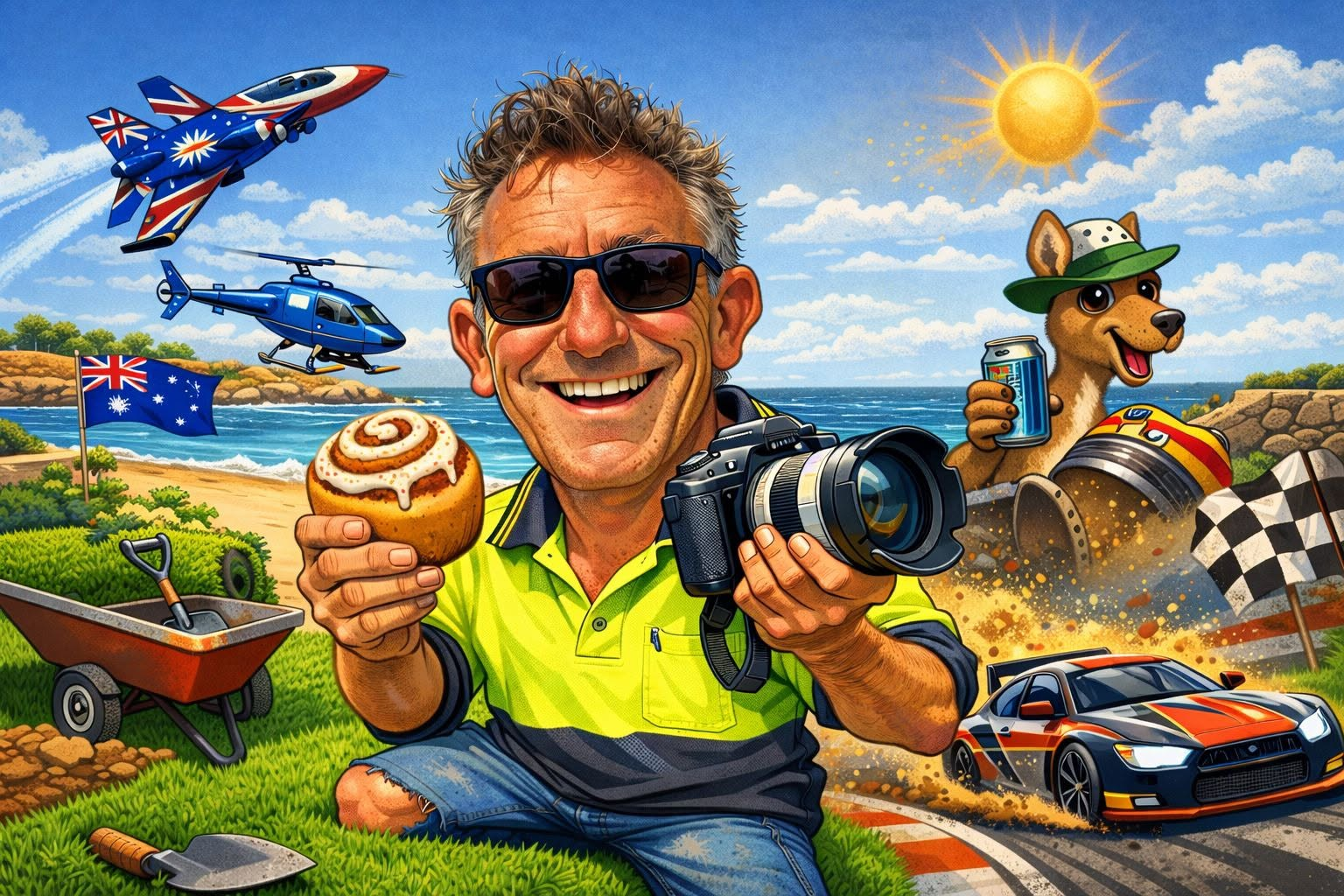 Illustrated caricature of Bruce Russell in hi-vis on a lawn with wheelbarrow and tools, against a WA beach, sun and motorsport scene