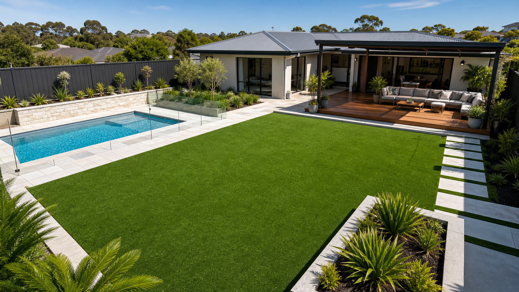Aerial view of a modern Perth backyard with synthetic turf, decking and paving